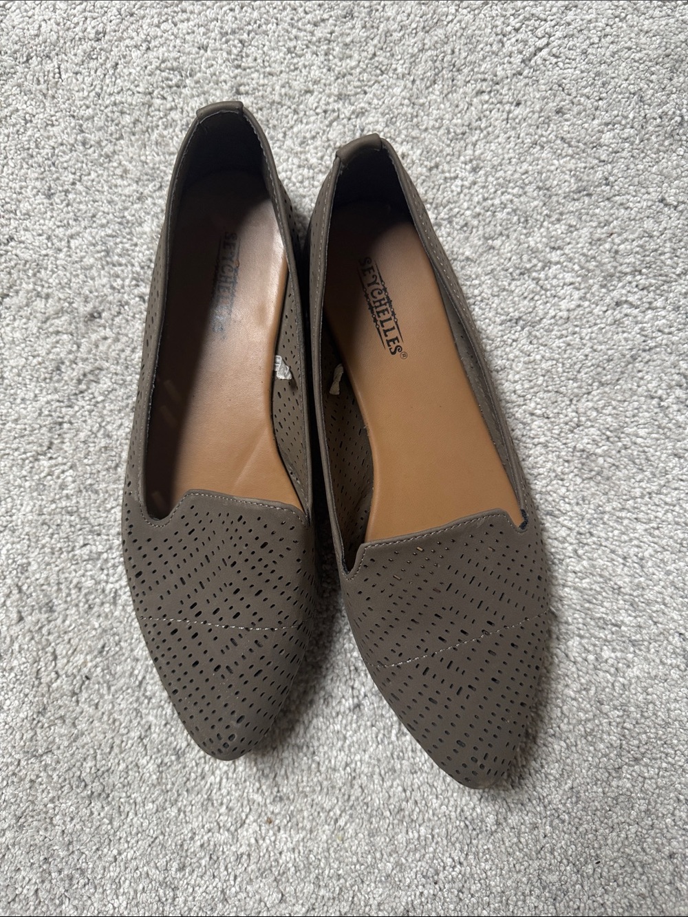 Seychelles Perforated Pointed-Toe Flats in Taupe